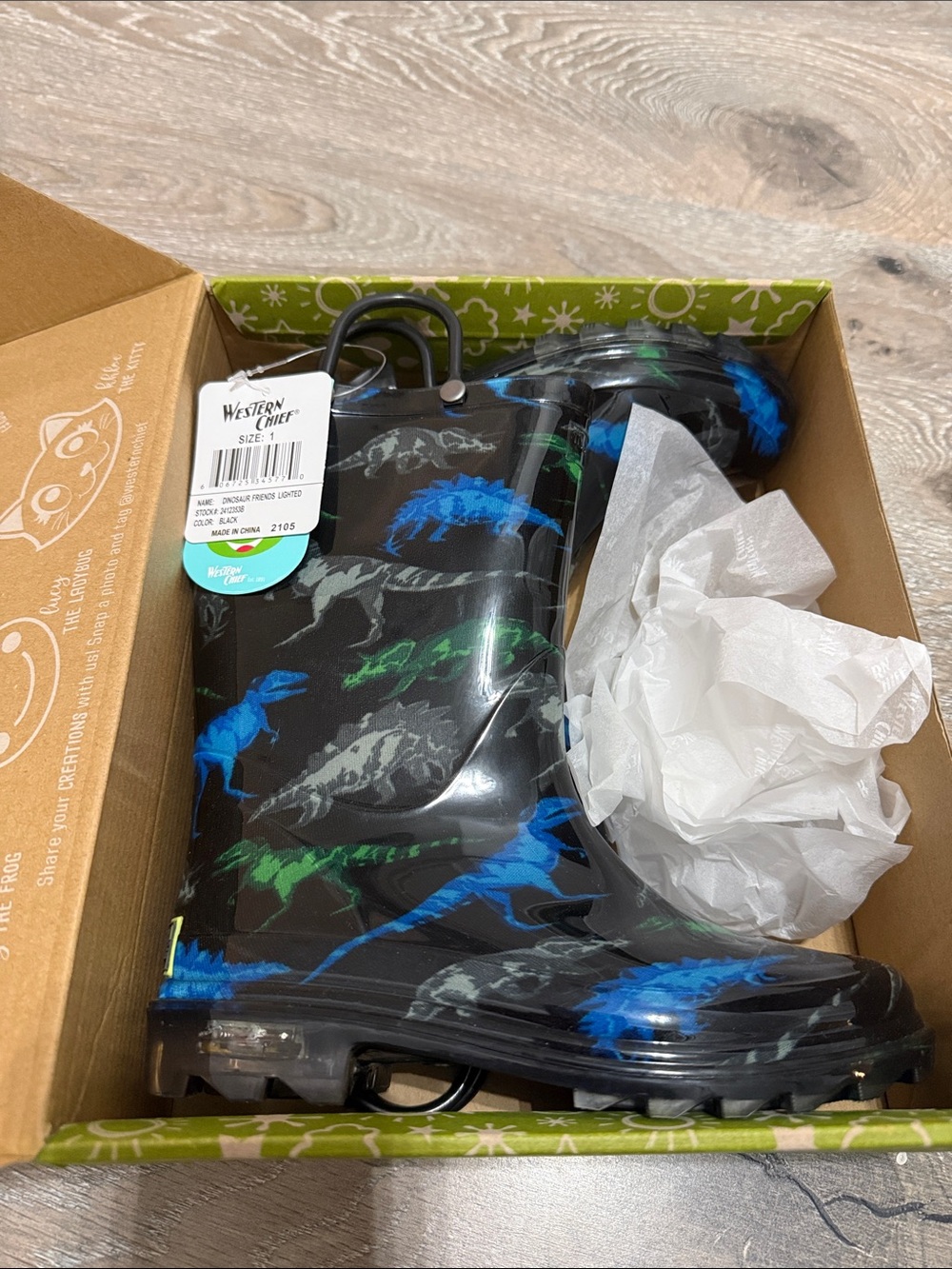 NEW Western Chief Kids Black Rain Boots with Blue & Green Dinosaur Print
